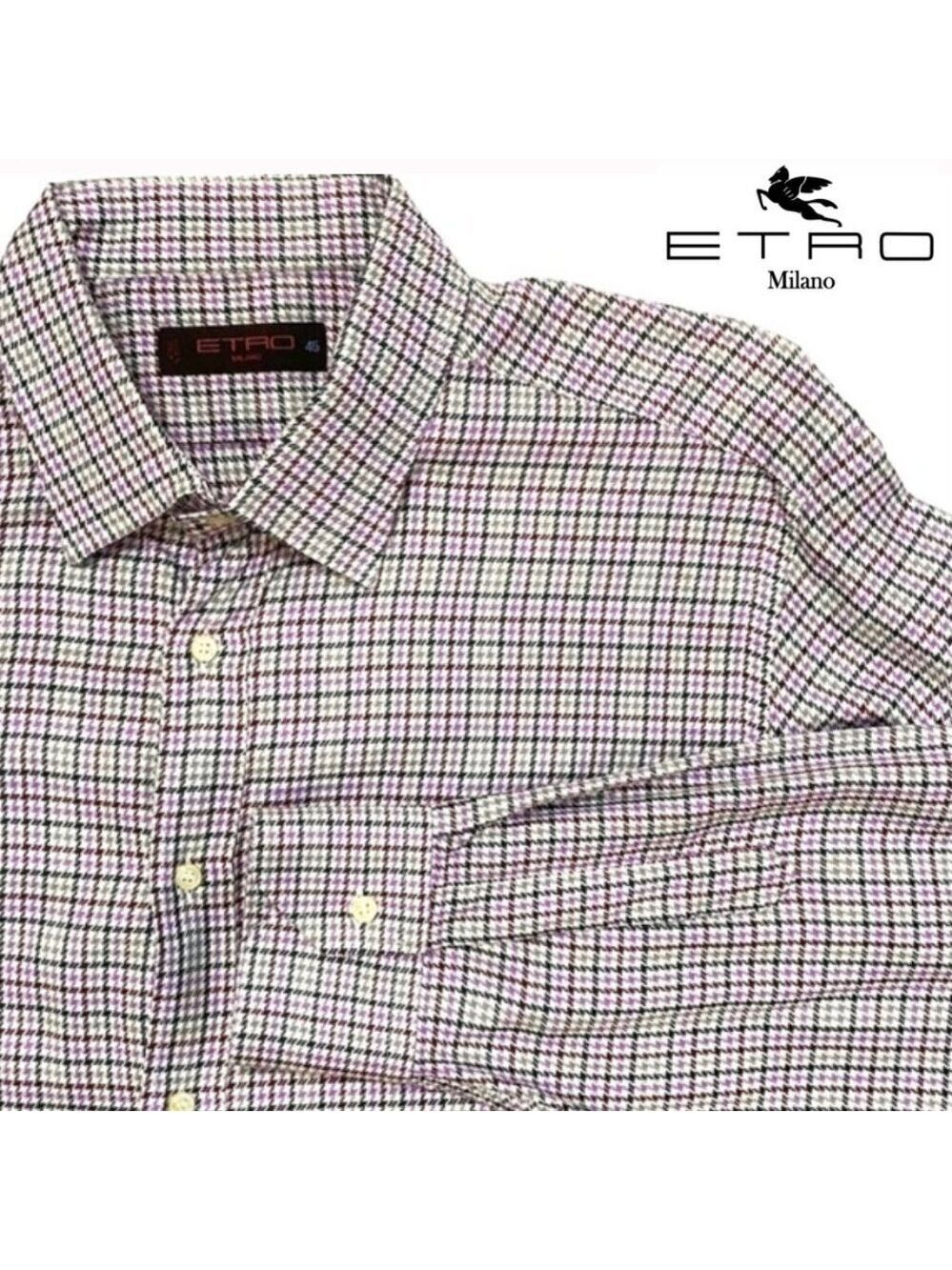 Etro Men’s Checkered Button Down Shirt Size 45 Purple White Cotton Italy